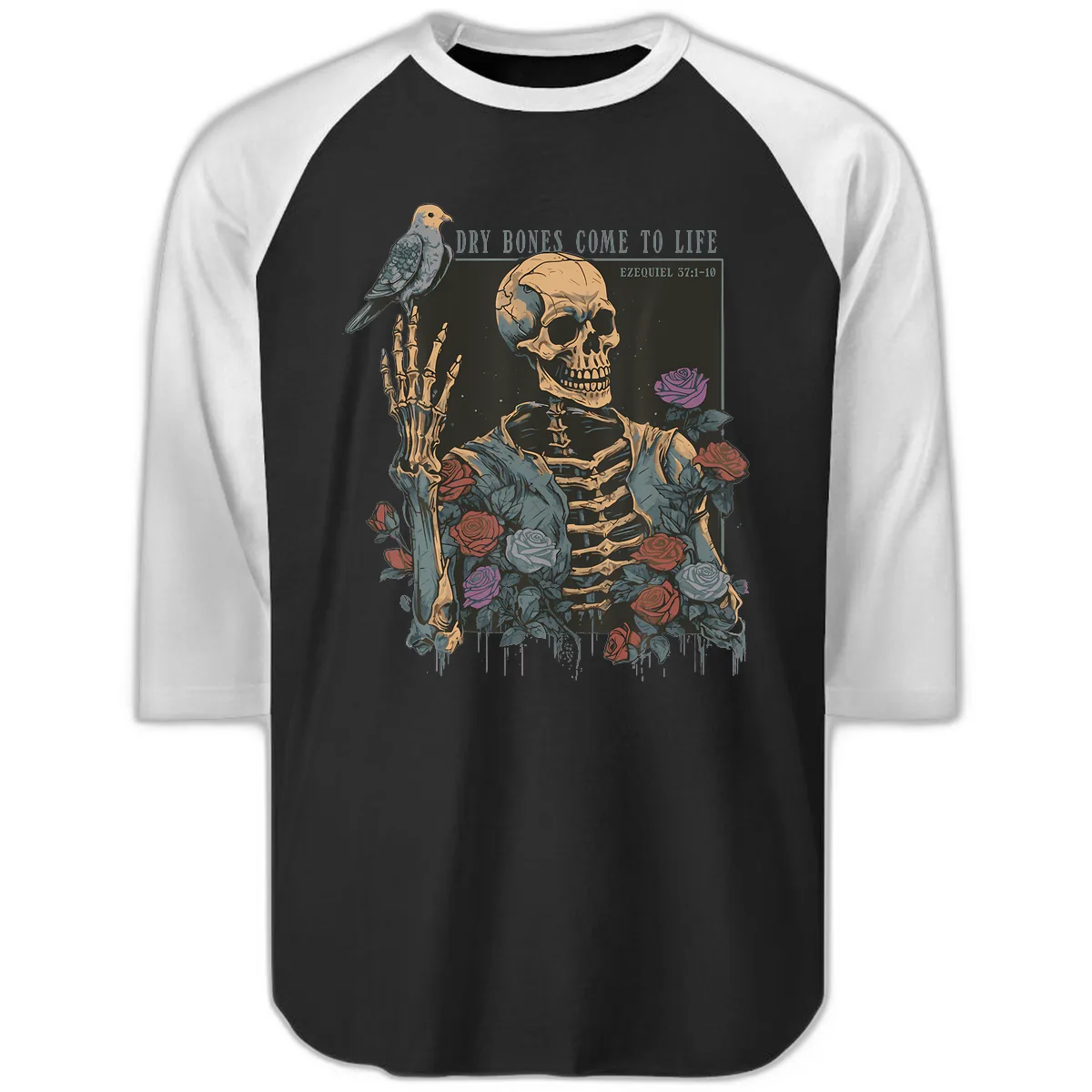 Dry Bones Come To Life Skull Raglan 3/4 in Black White