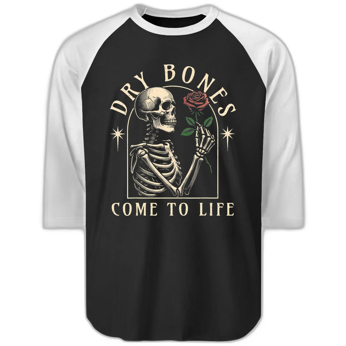Dry Bones Come To Life Raglan 3/4 in Black White
