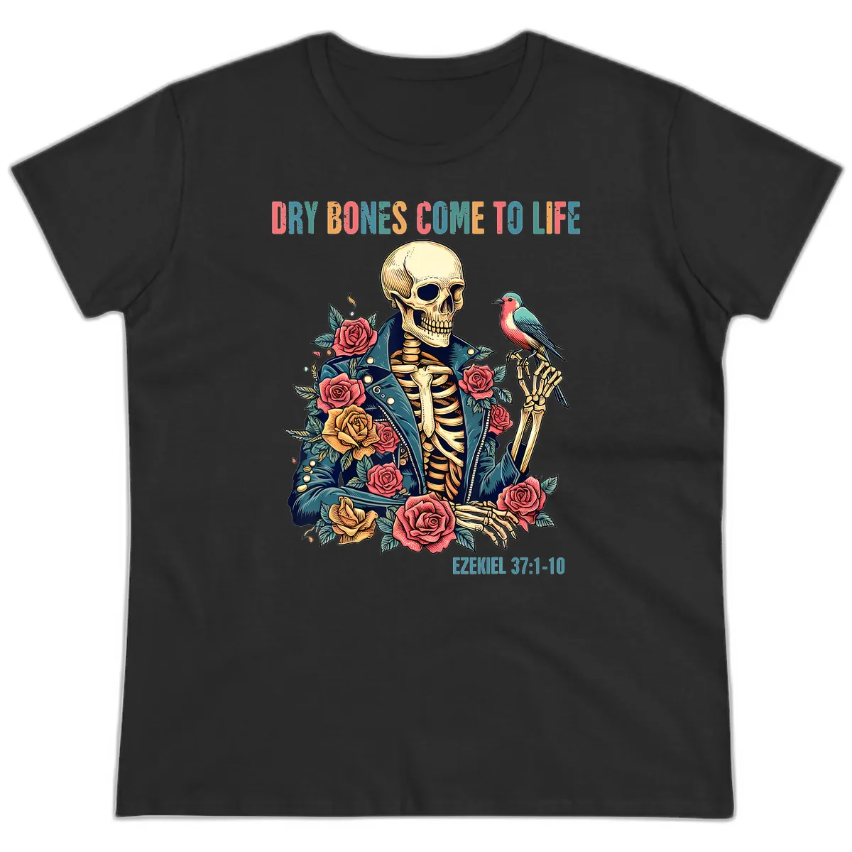 Dry Bones Come To Life Skeleton Ladies Tee in Black
