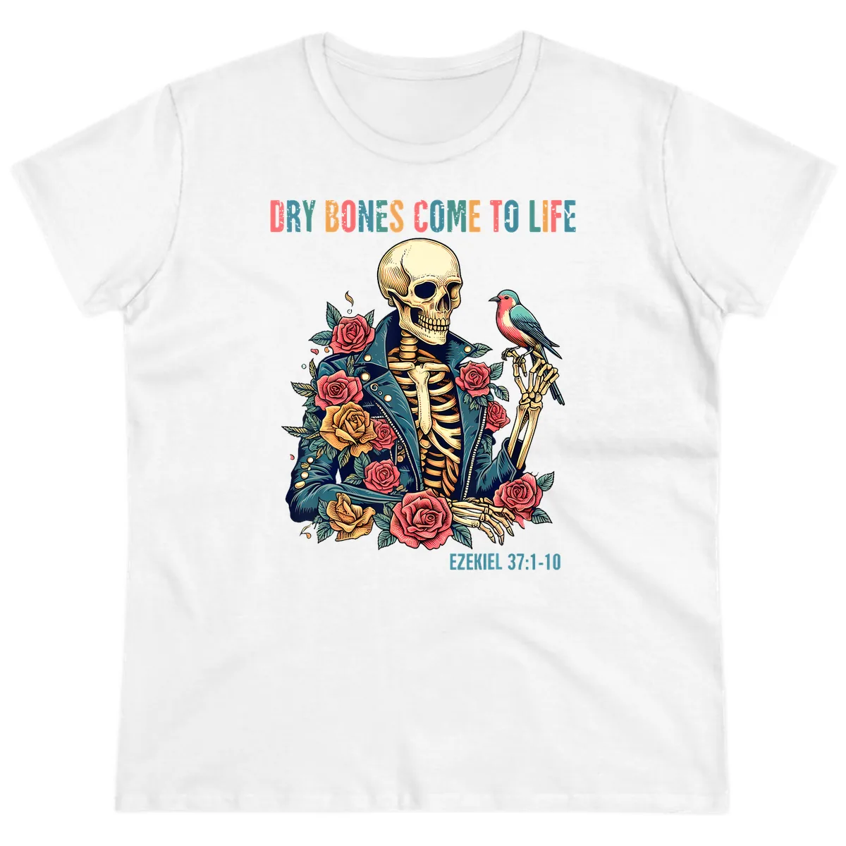 Dry Bones Come To Life Skeleton Ladies Tee in White