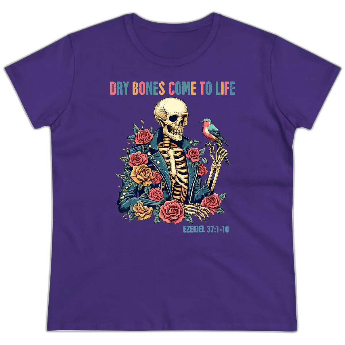 Dry Bones Come To Life Skeleton Ladies Tee in Purple