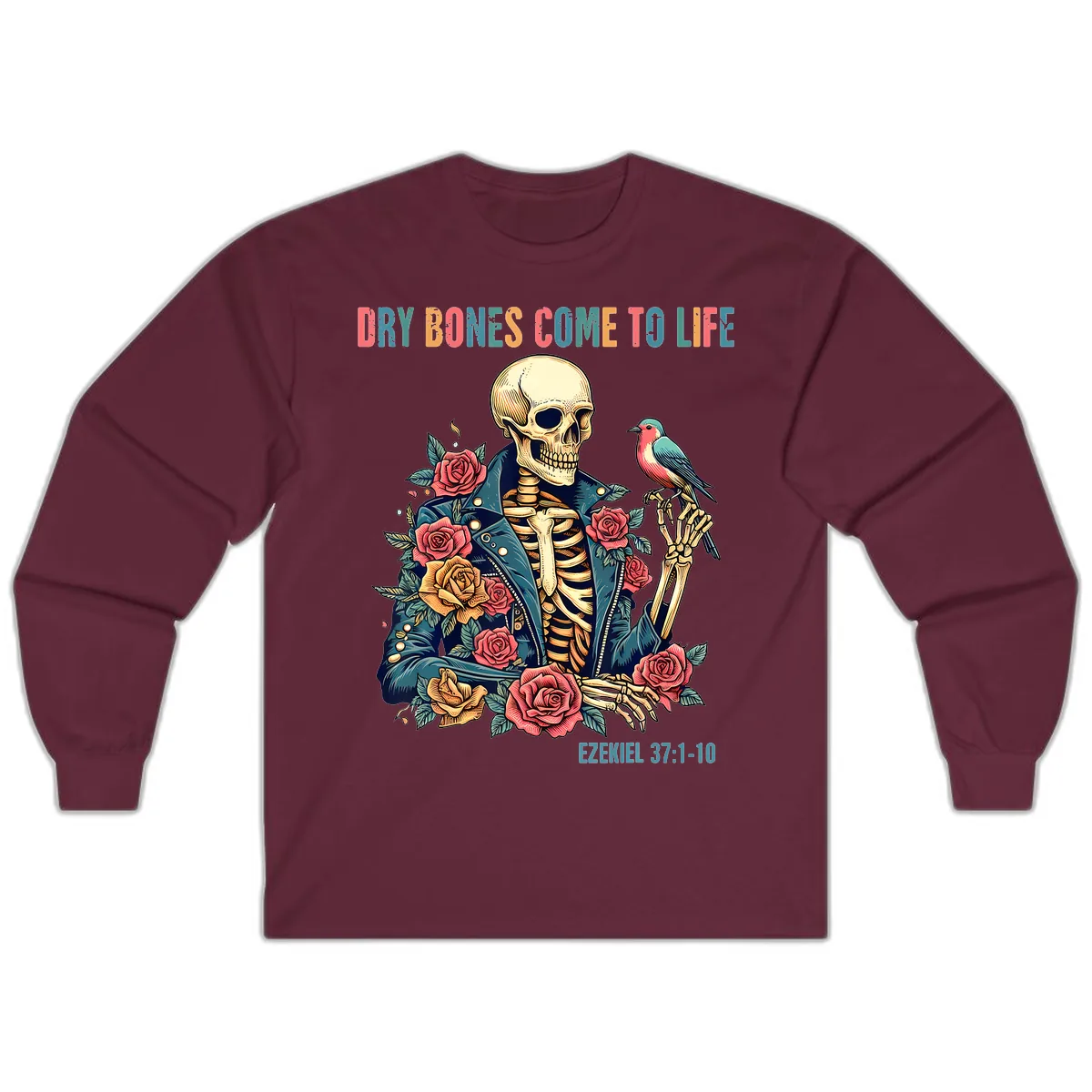 Dry Bones Come To Life Skeleton Long Sleeve in Maroon