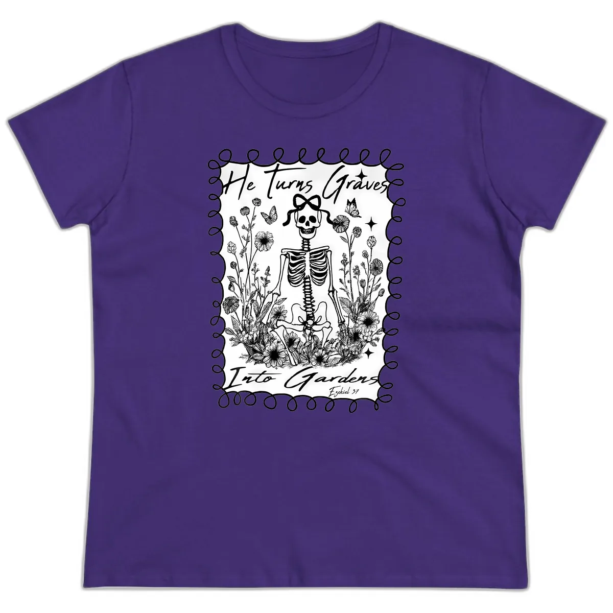 He Turns Graves Into Gardens Ladies Tee in Purple