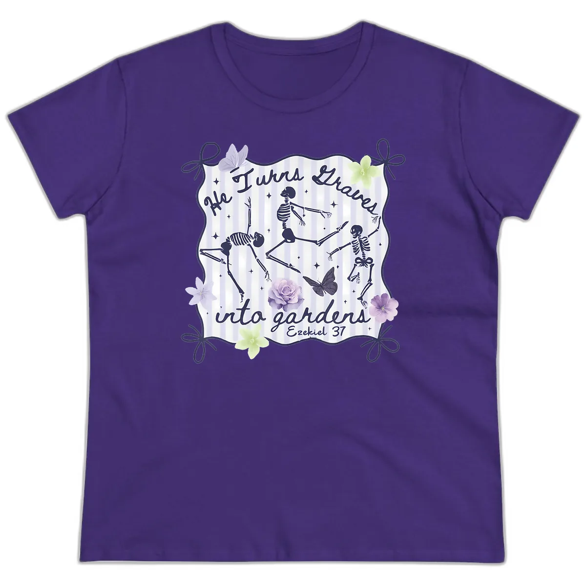 He Turns Graves Into Gardens Ladies Tee in Purple