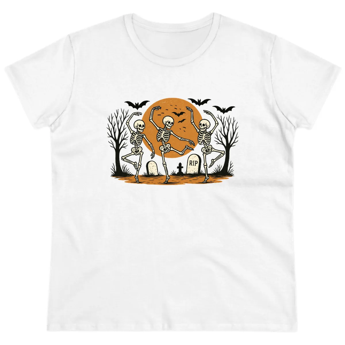 Dancing Skeletons Under Full Moon Ladies Tee in White