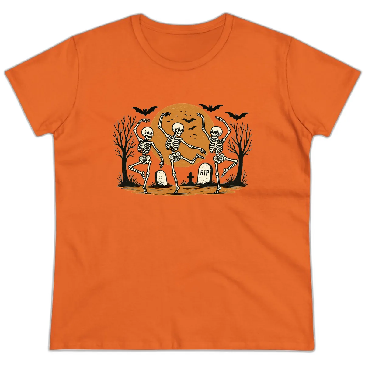 Dancing Skeletons Under Full Moon Ladies Tee in Orange