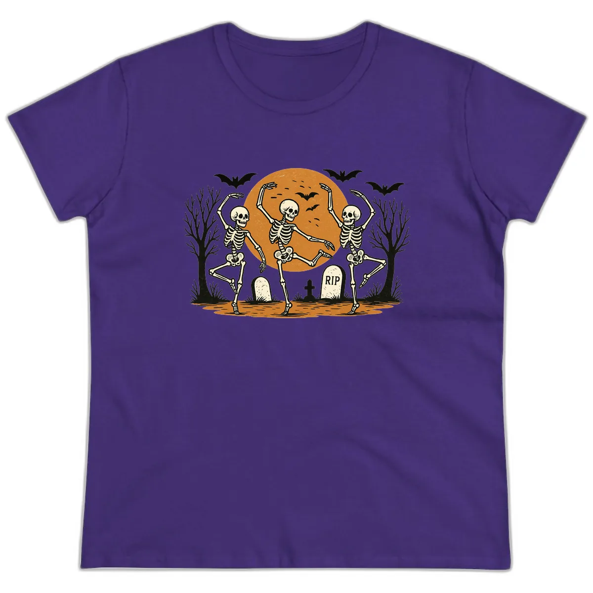 Dancing Skeletons Under Full Moon Ladies Tee in Purple