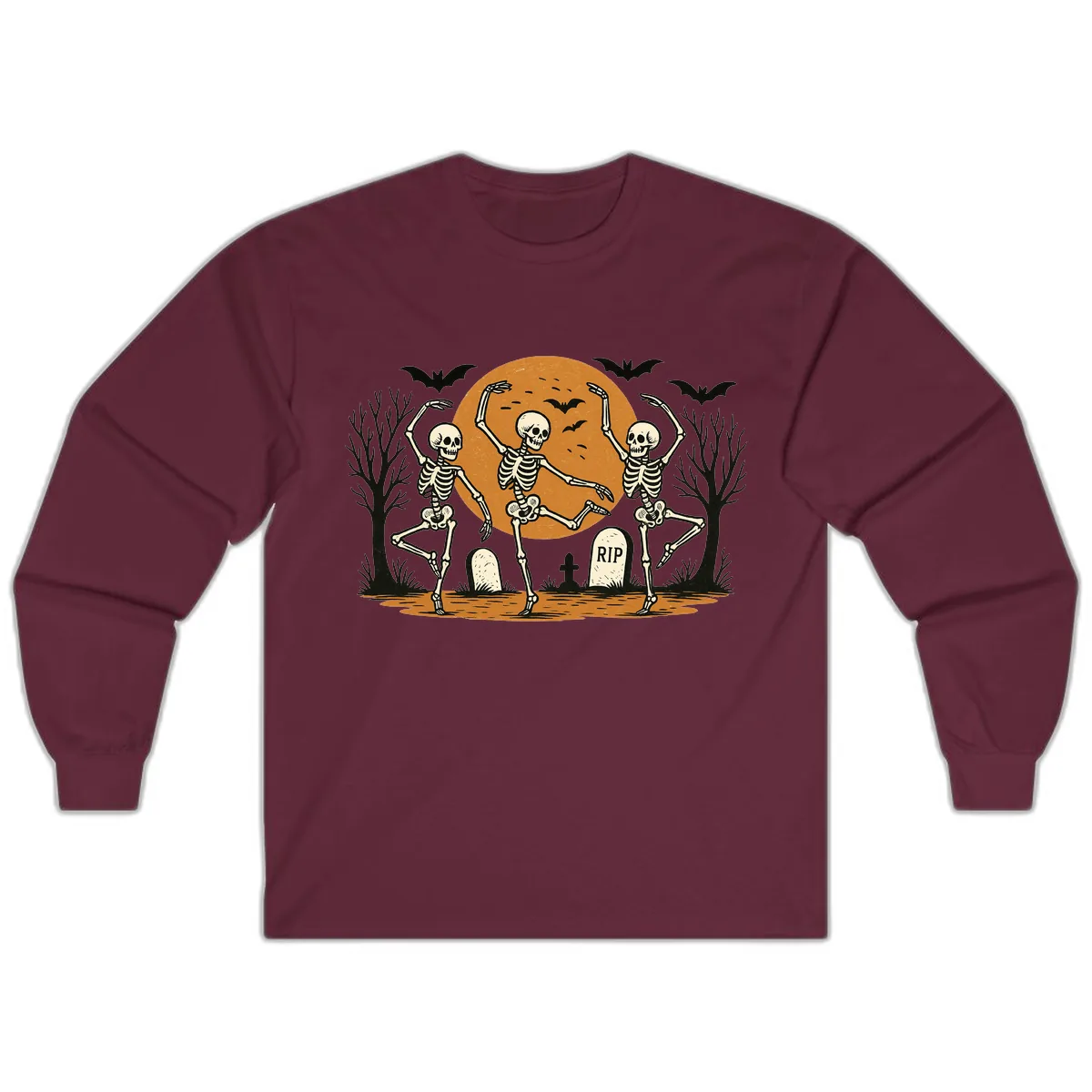 Dancing Skeletons Under Full Moon Long Sleeve in Maroon