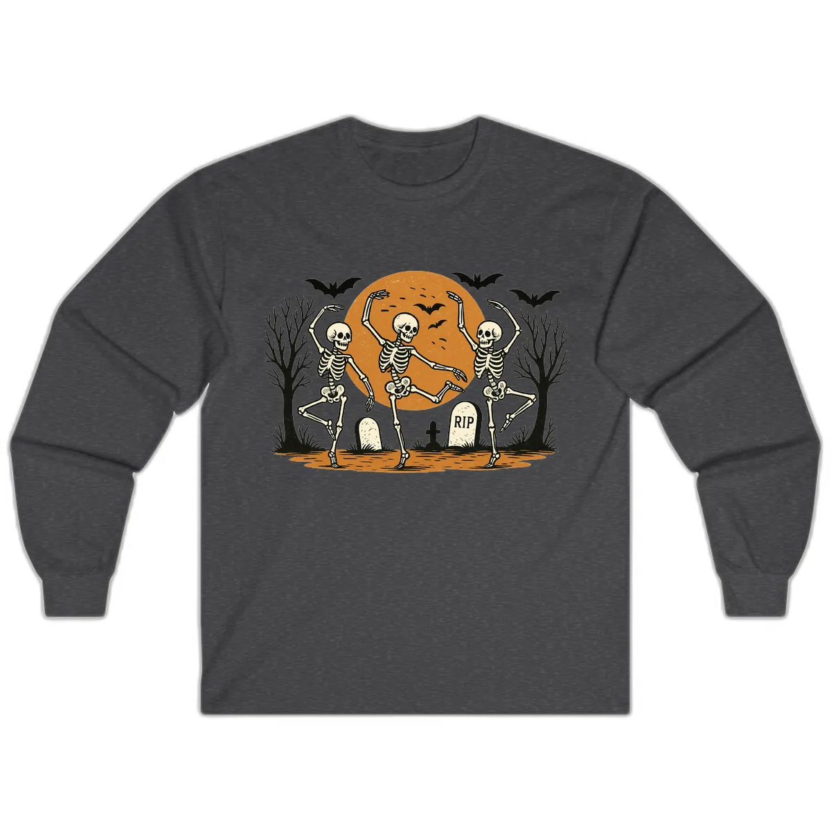 Dancing Skeletons Under Full Moon Long Sleeve in Dark Heather