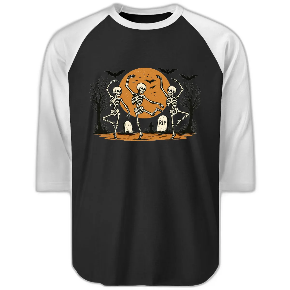 Dancing Skeletons Under Full Moon Raglan 3/4 in Black White