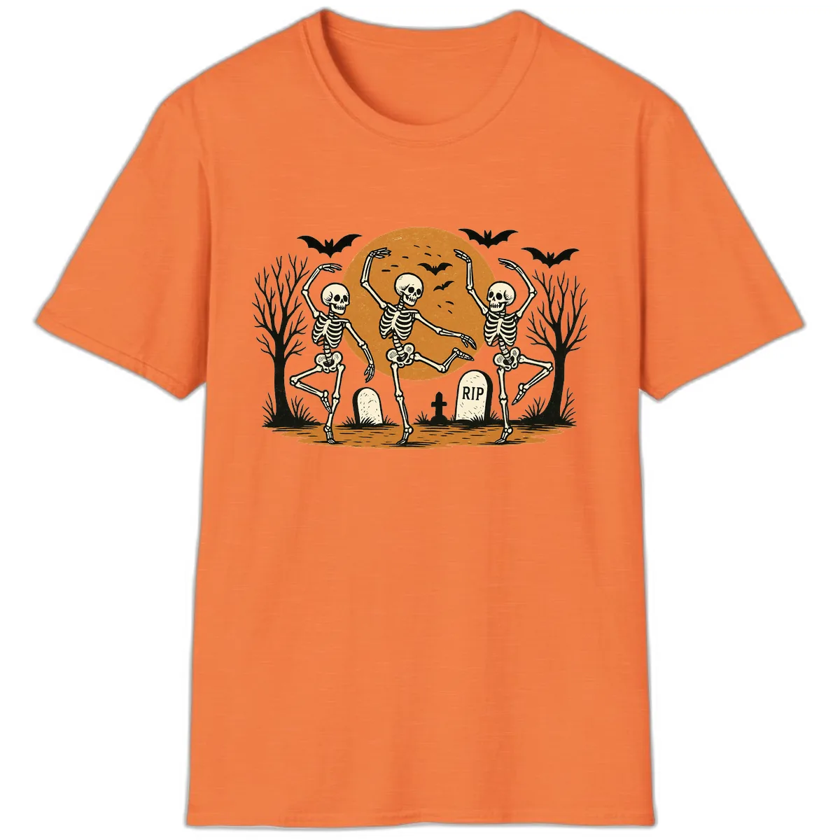 Dancing Skeletons Under Full Moon T-Shirt in Heather Orange