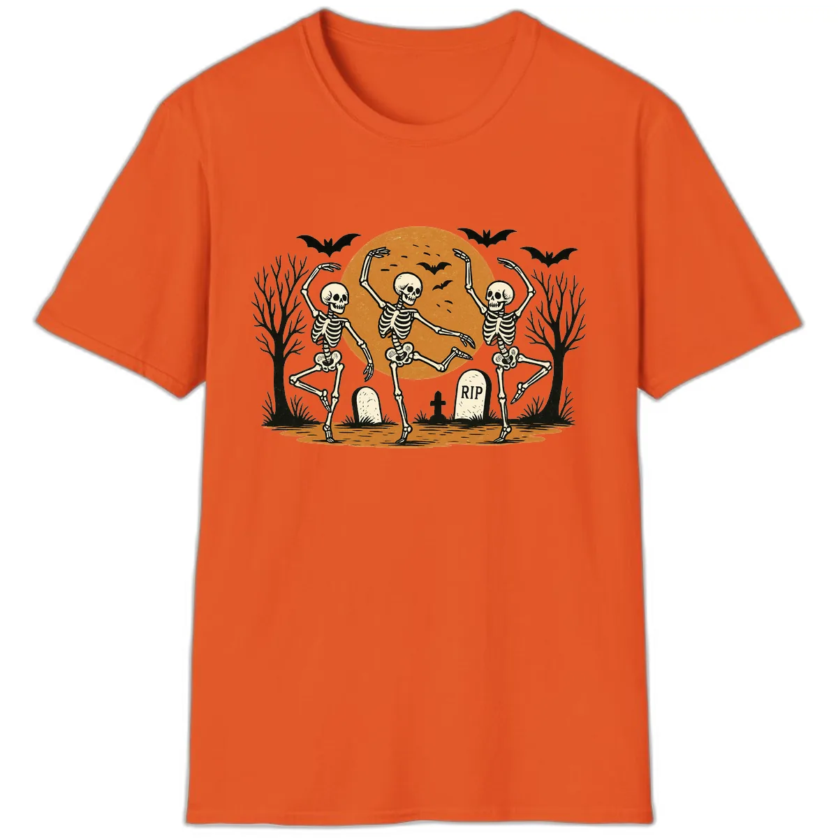 Dancing Skeletons Under Full Moon T-Shirt in Orange
