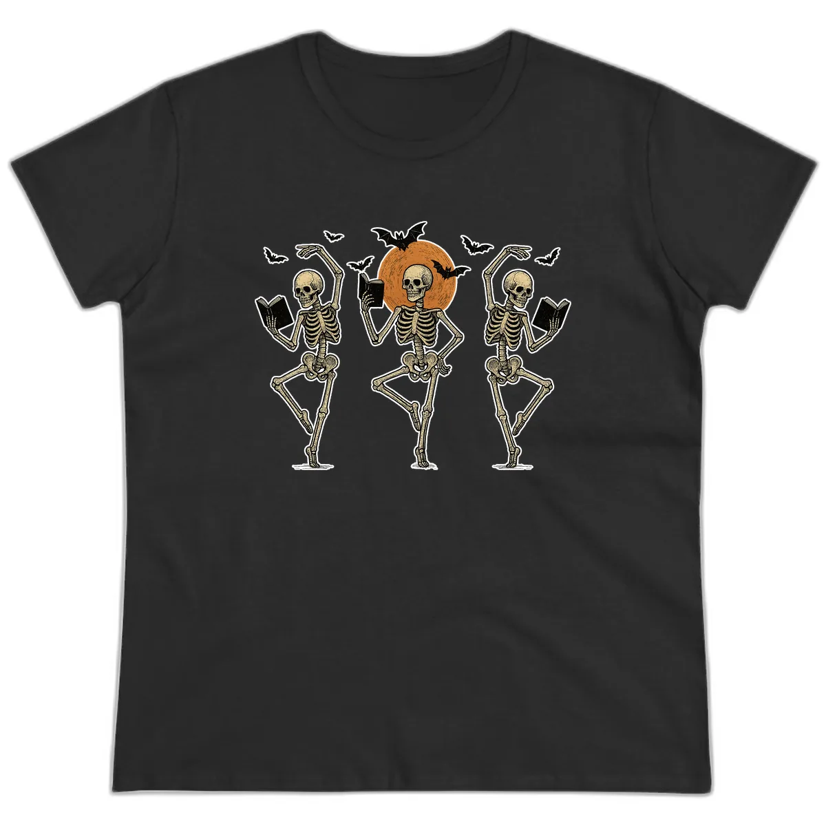 Dancing Skeletons Reading By Moonlight Ladies Tee in Black