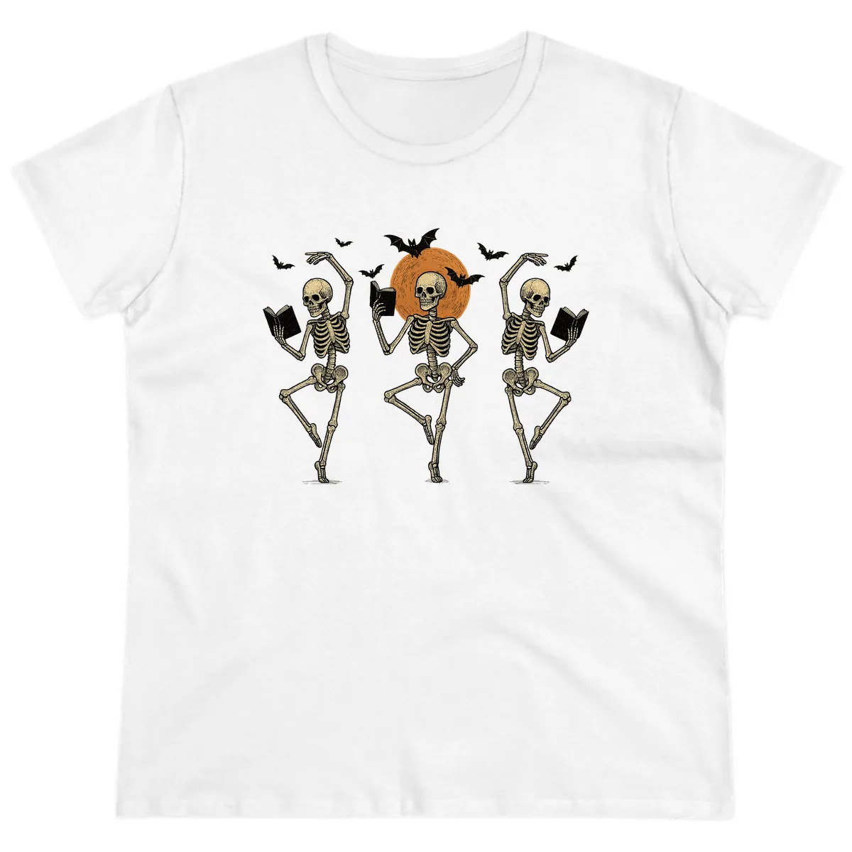 Dancing Skeletons Reading By Moonlight Ladies Tee in White