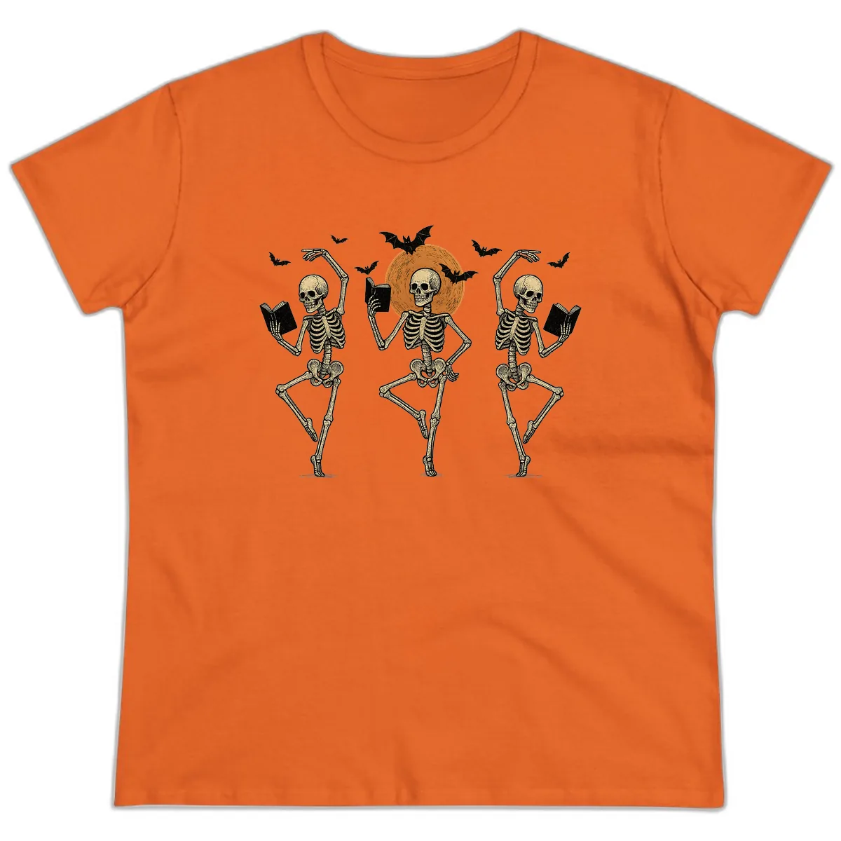 Dancing Skeletons Reading By Moonlight Ladies Tee in Orange
