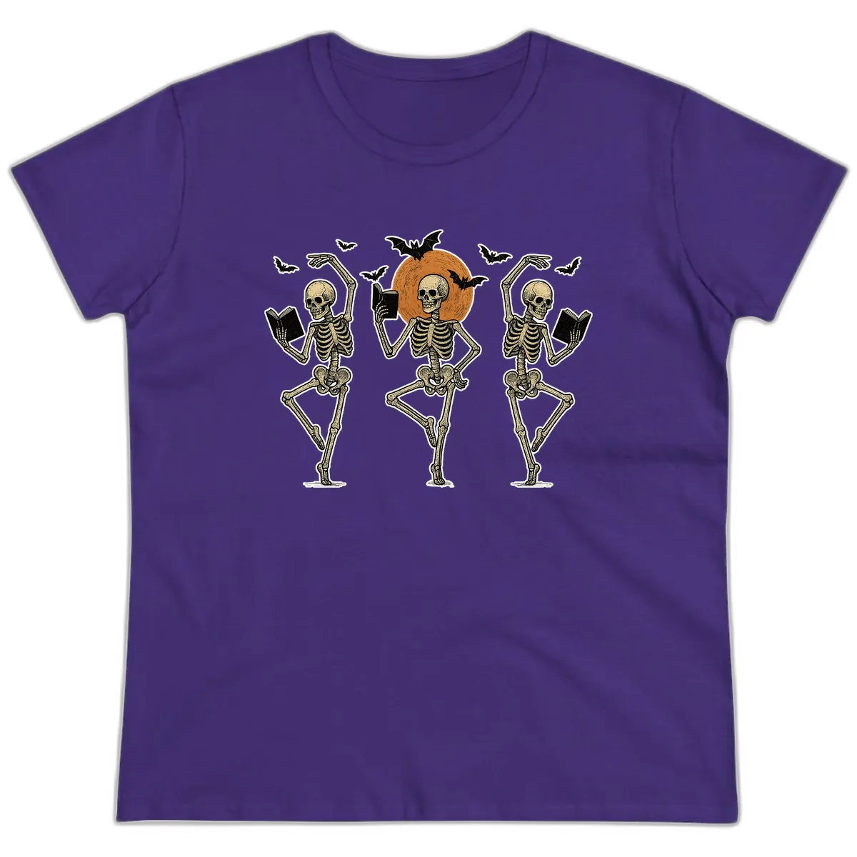 Dancing Skeletons Reading By Moonlight Ladies Tee in Purple