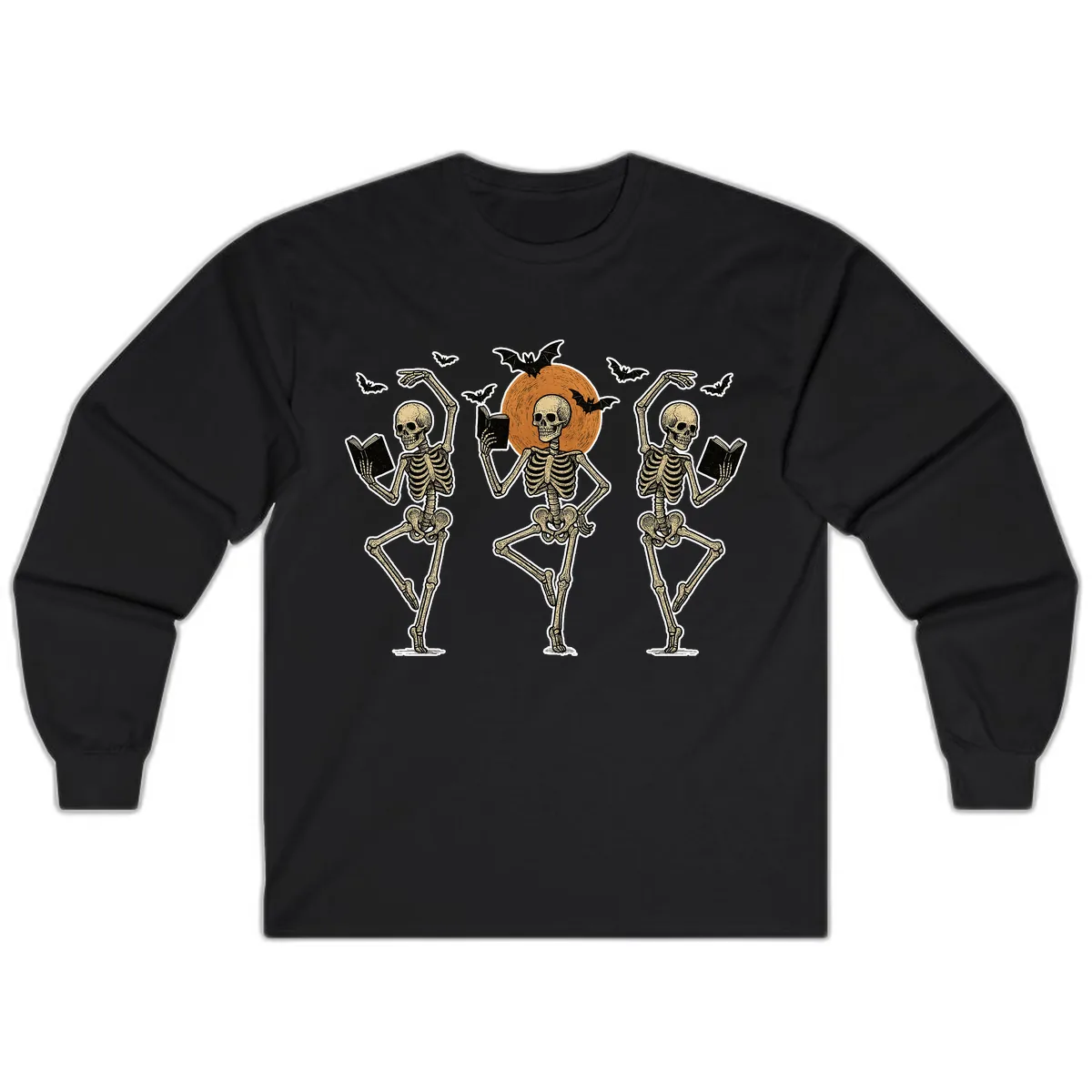 Dancing Skeletons Reading By Moonlight Long Sleeve in Black