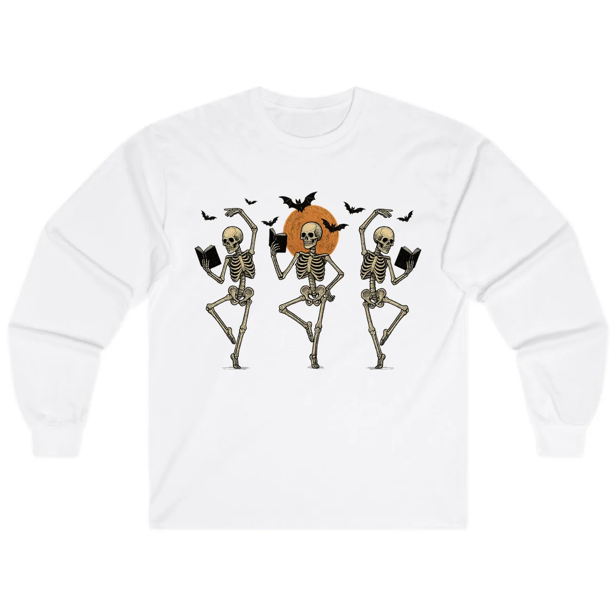 Dancing Skeletons Reading By Moonlight Long Sleeve in White
