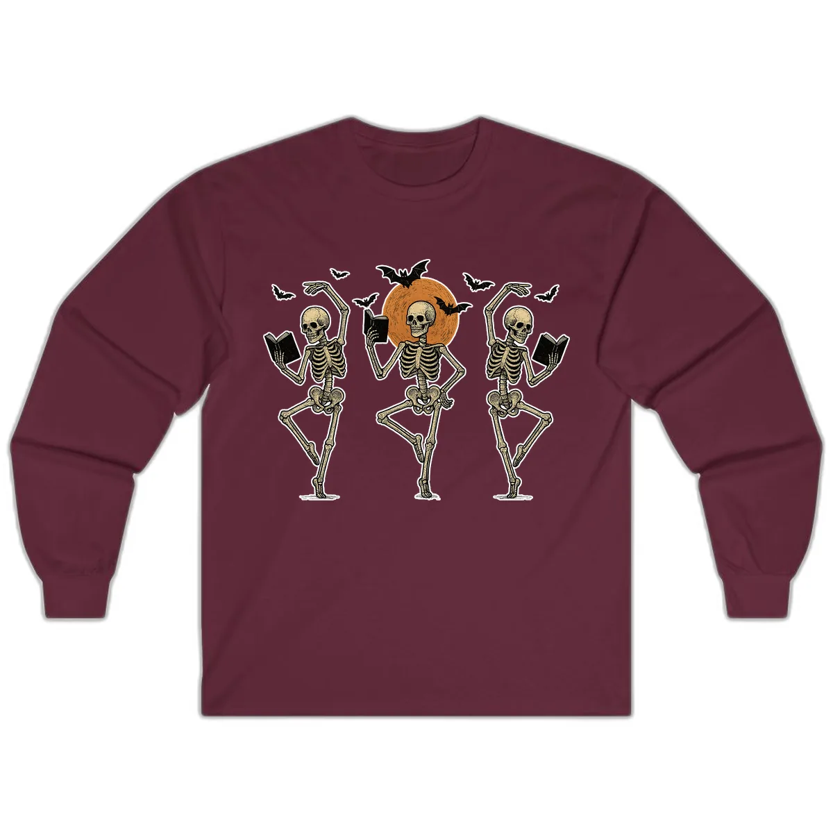 Dancing Skeletons Reading By Moonlight Long Sleeve in Maroon