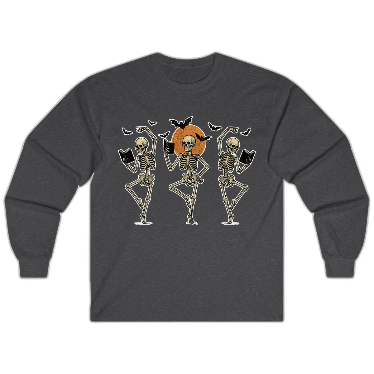 Dancing Skeletons Reading By Moonlight Long Sleeve in Dark Heather