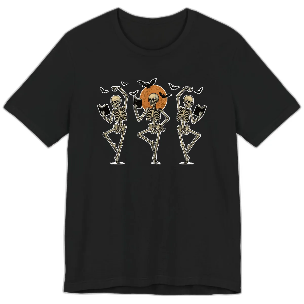 Dancing Skeletons Reading By Moonlight Premium T-Shirt in Black