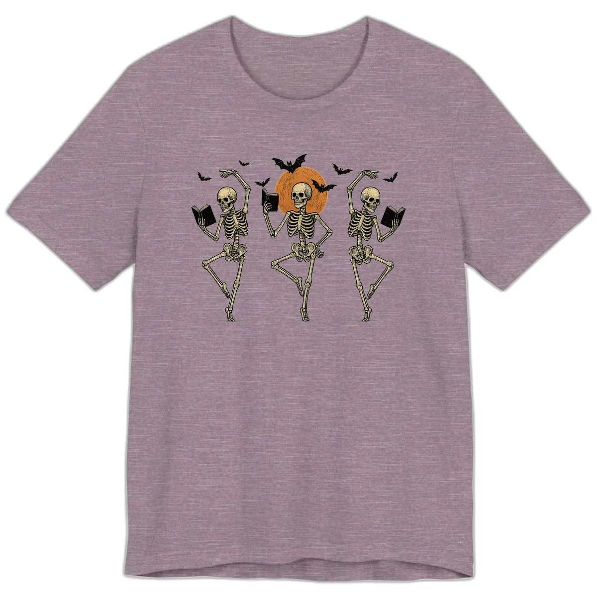 Dancing Skeletons Reading By Moonlight Premium T-Shirt in Heather Purple