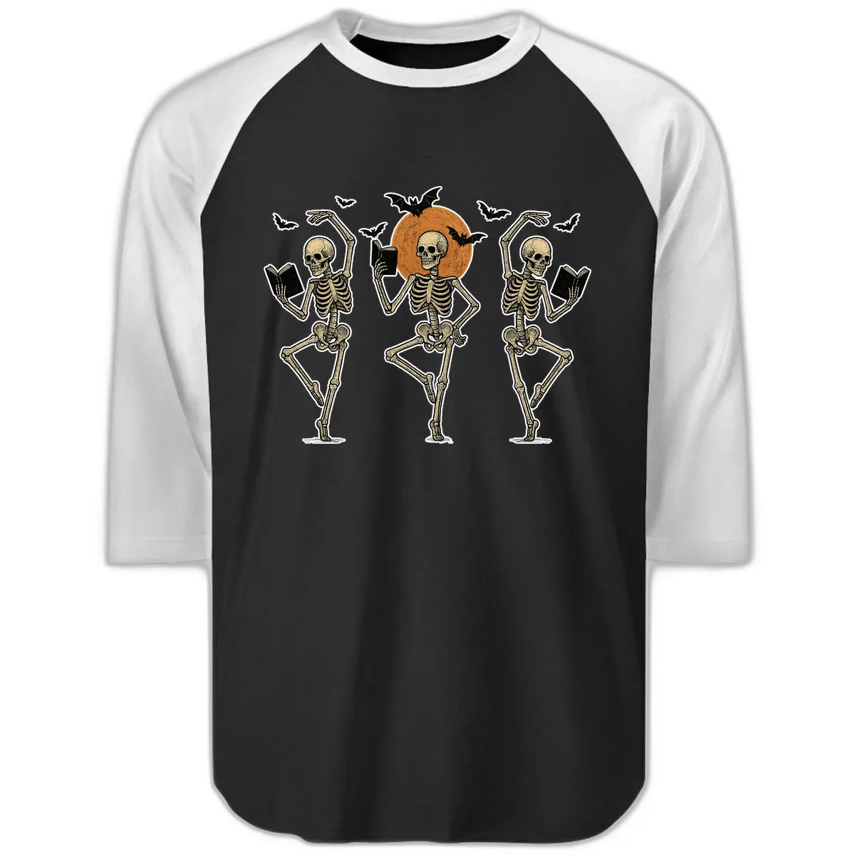 Dancing Skeletons Reading By Moonlight Raglan 3/4 in Black White
