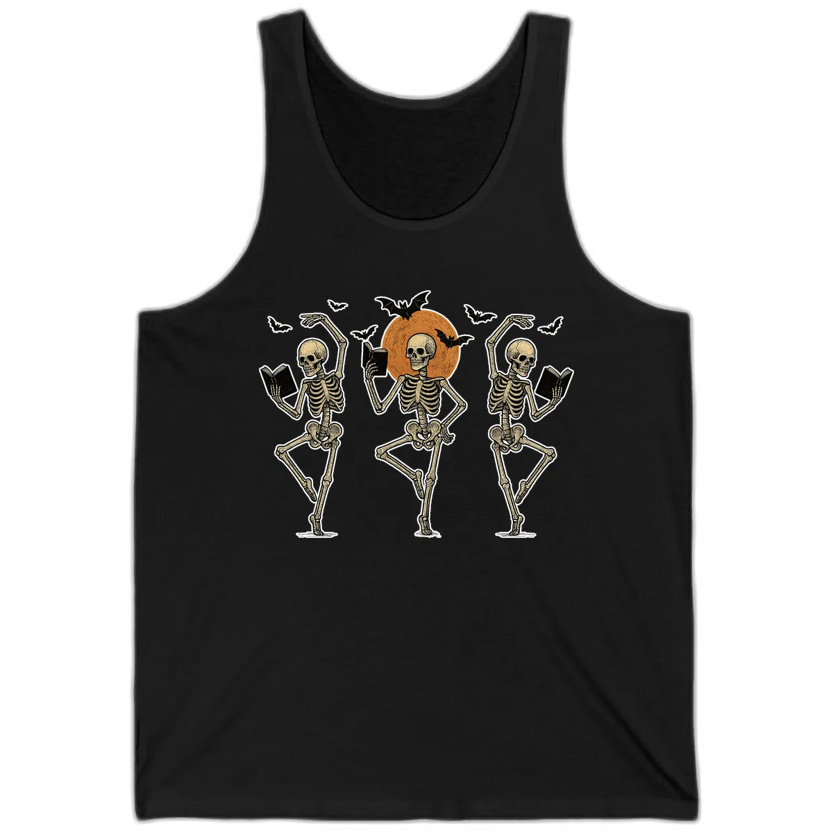 Dancing Skeletons Reading By Moonlight Tank in Black