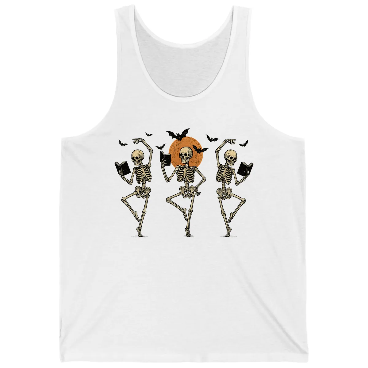 Dancing Skeletons Reading By Moonlight Tank in White
