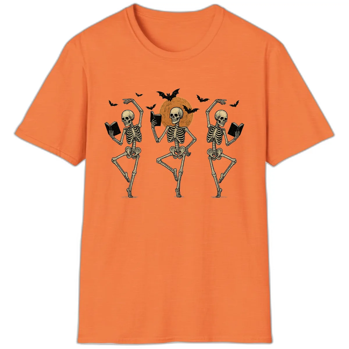Dancing Skeletons Reading By Moonlight T-Shirt in Heather Orange