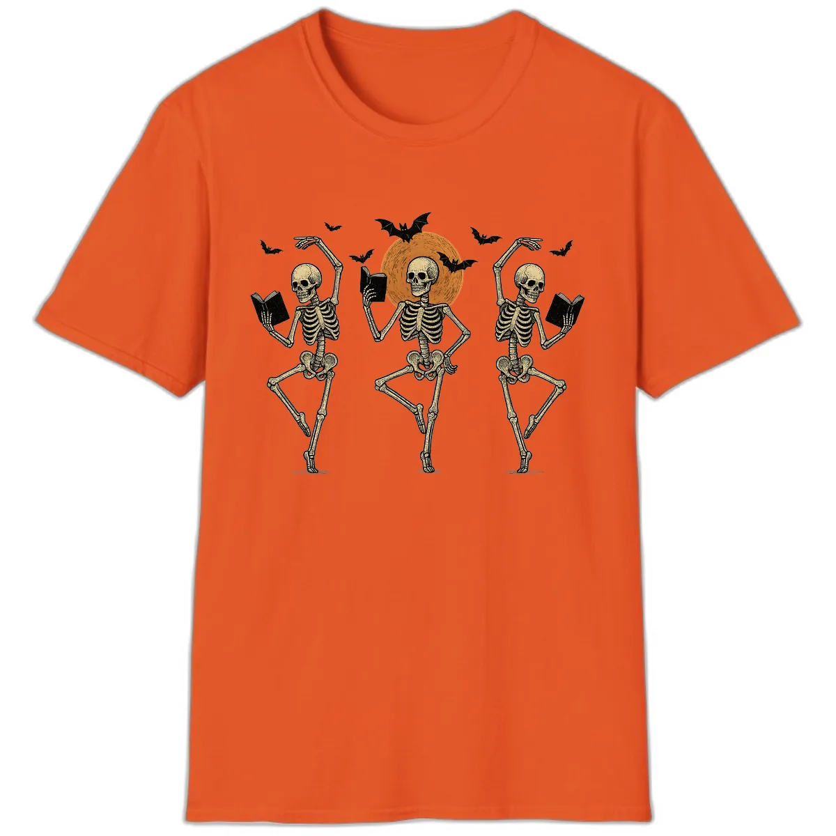 Dancing Skeletons Reading By Moonlight T-Shirt in Orange