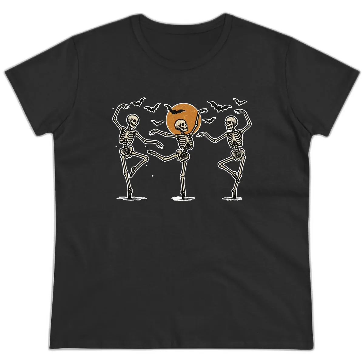 Dancing Skeletons Under Halloween Moon Ladies Tee in Black