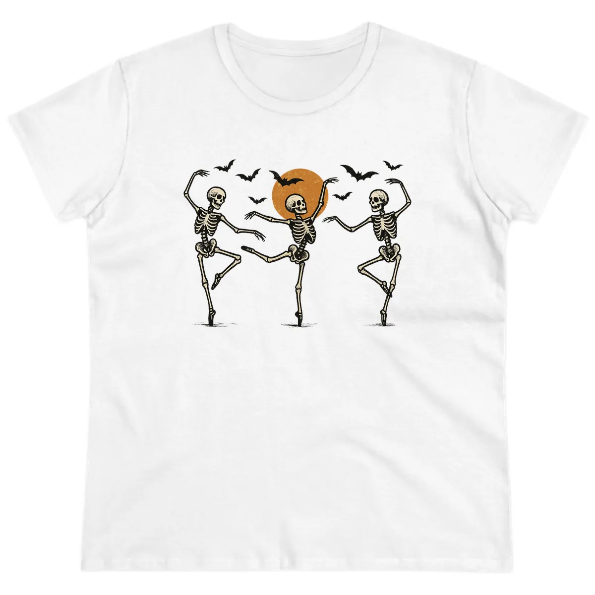 Dancing Skeletons Under Halloween Moon Ladies Tee in White
