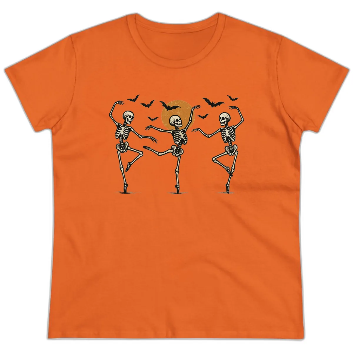 Dancing Skeletons Under Halloween Moon Ladies Tee in Orange