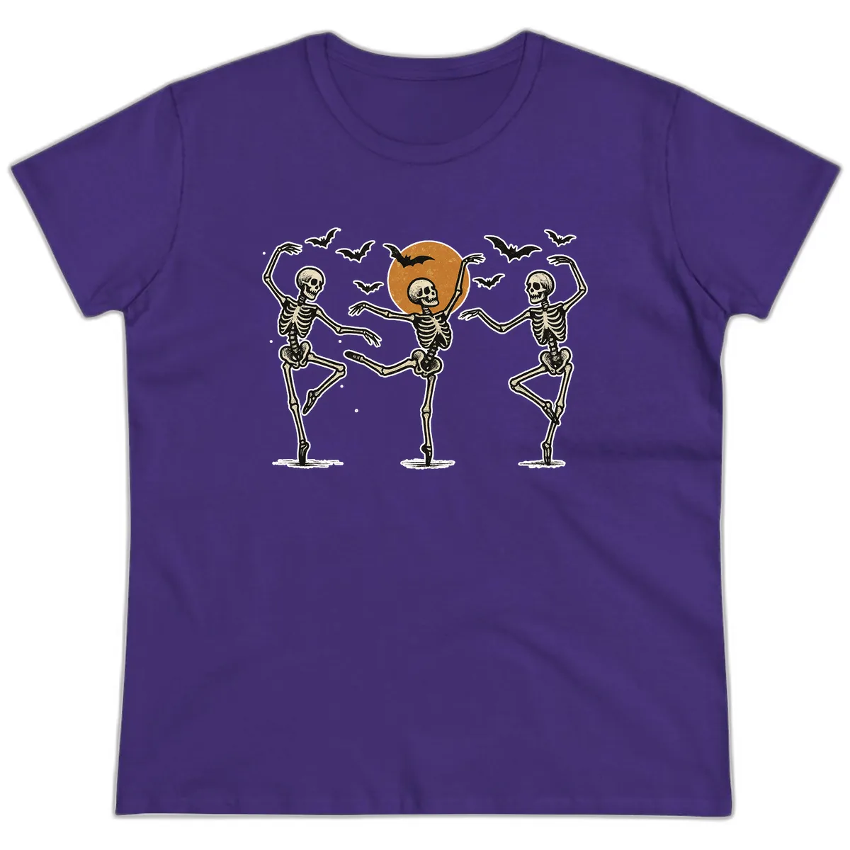 Dancing Skeletons Under Halloween Moon Ladies Tee in Purple