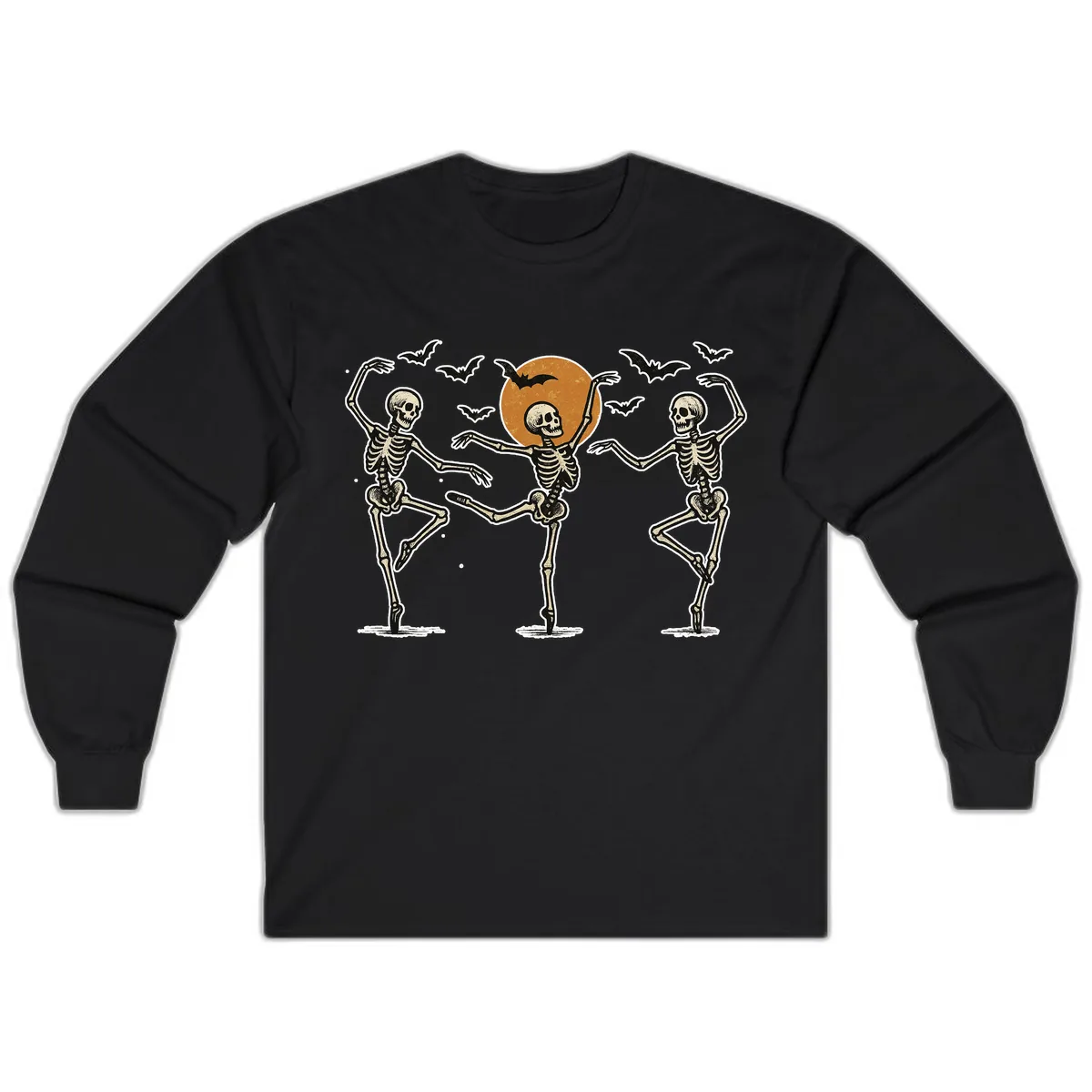 Dancing Skeletons Under Halloween Moon Long Sleeve in Black