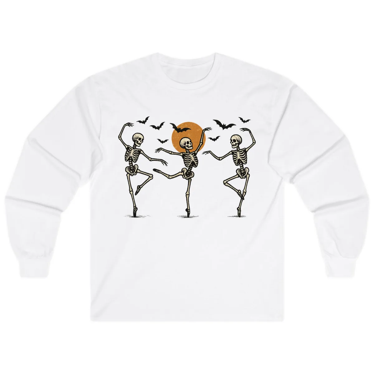 Dancing Skeletons Under Halloween Moon Long Sleeve in White