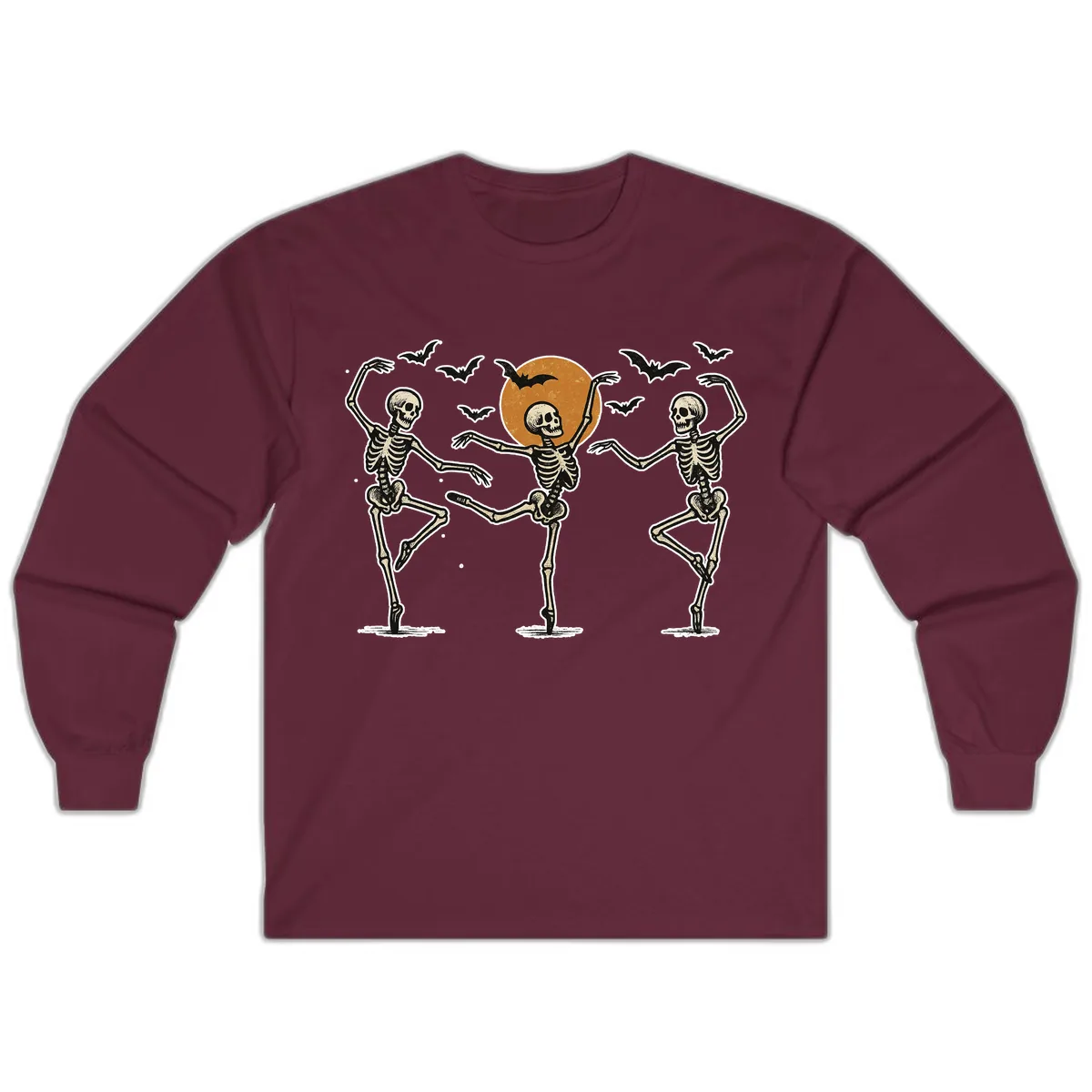 Dancing Skeletons Under Halloween Moon Long Sleeve in Maroon
