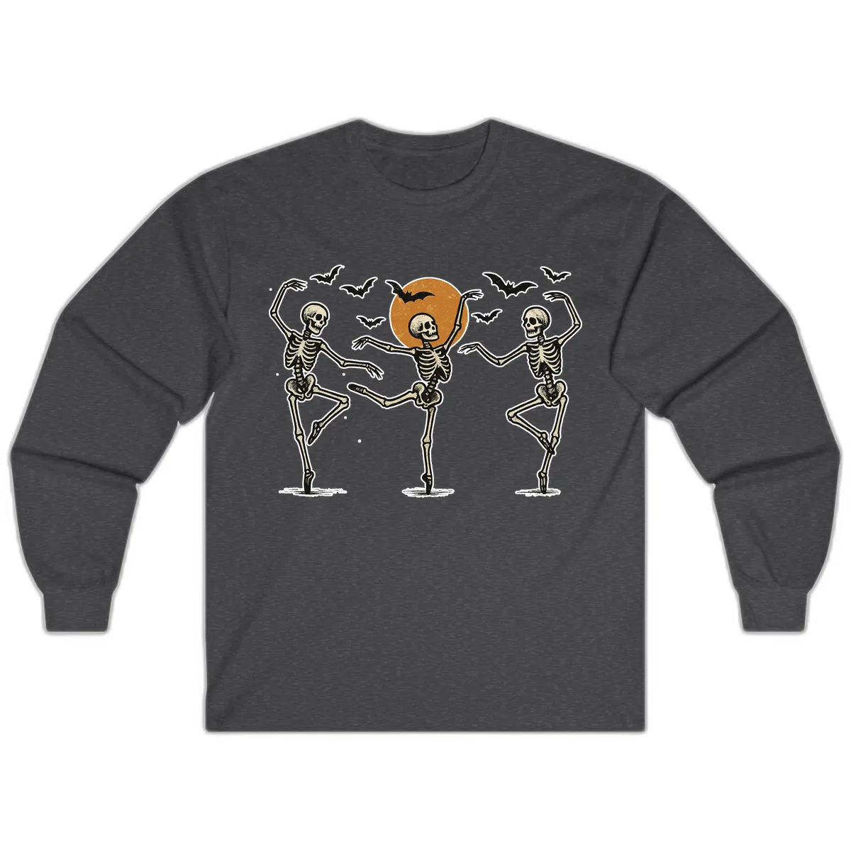 Dancing Skeletons Under Halloween Moon Long Sleeve in Dark Heather