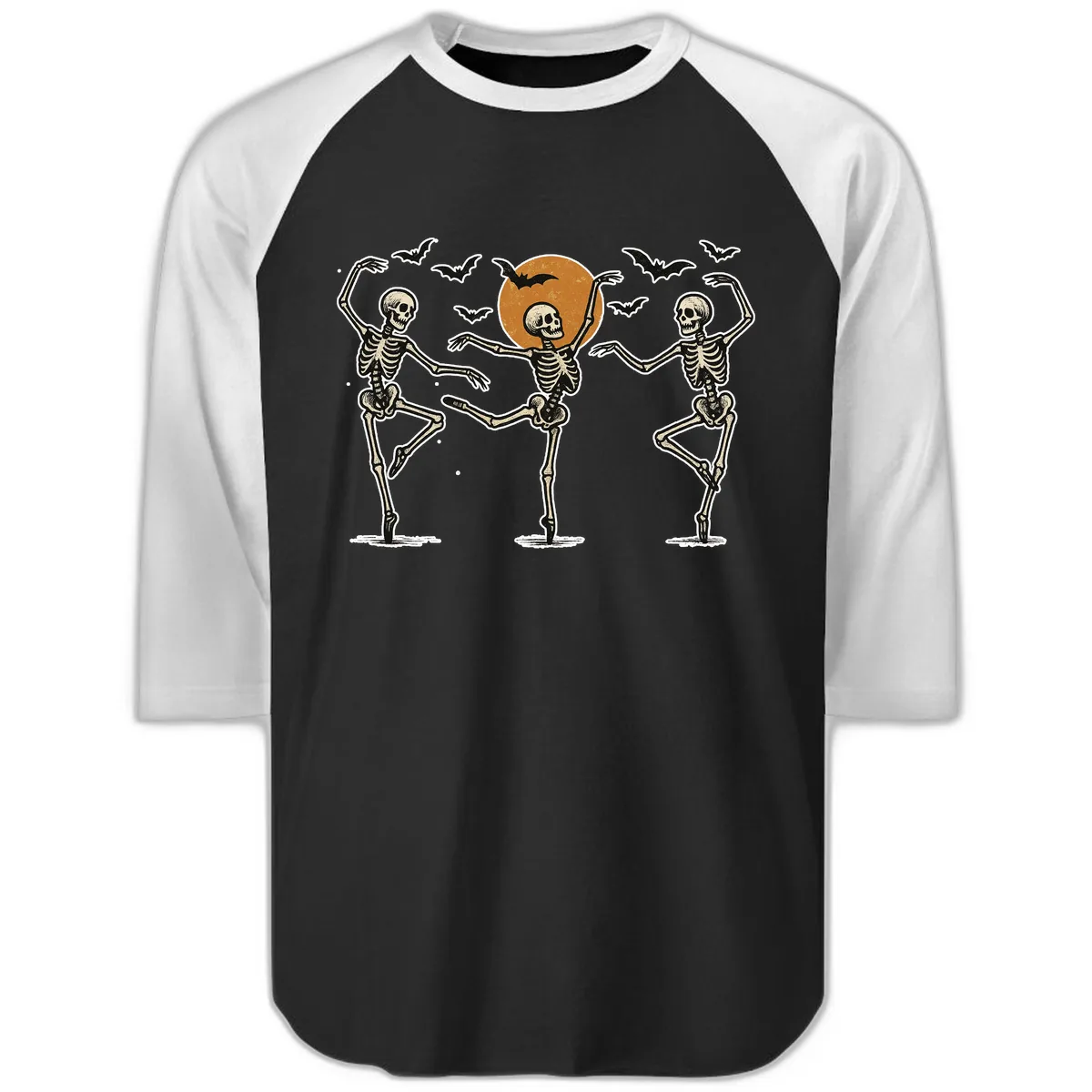 Dancing Skeletons Under Halloween Moon Raglan 3/4 in Black White