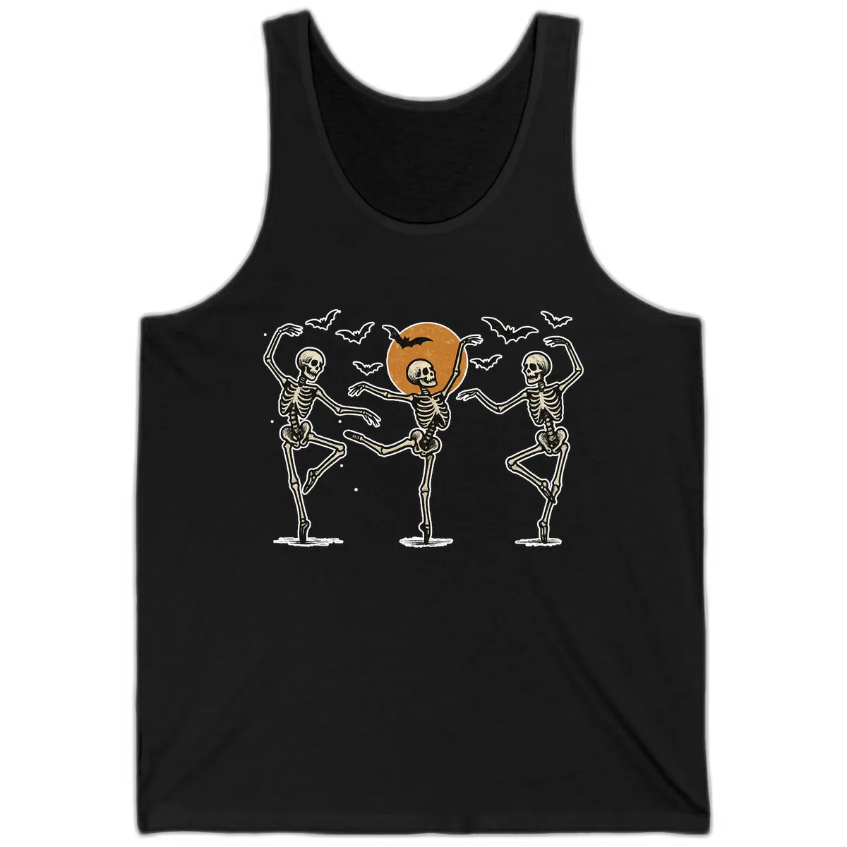 Dancing Skeletons Under Halloween Moon Tank in Black
