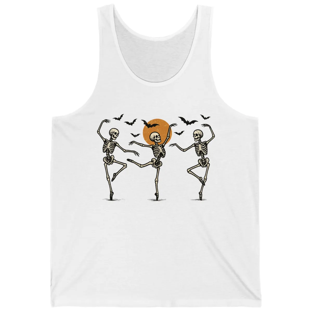 Dancing Skeletons Under Halloween Moon Tank in White