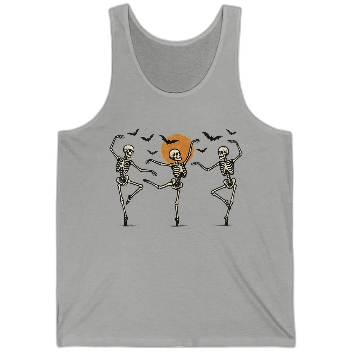 Dancing Skeletons Under Halloween Moon Tank in Athletic Heather