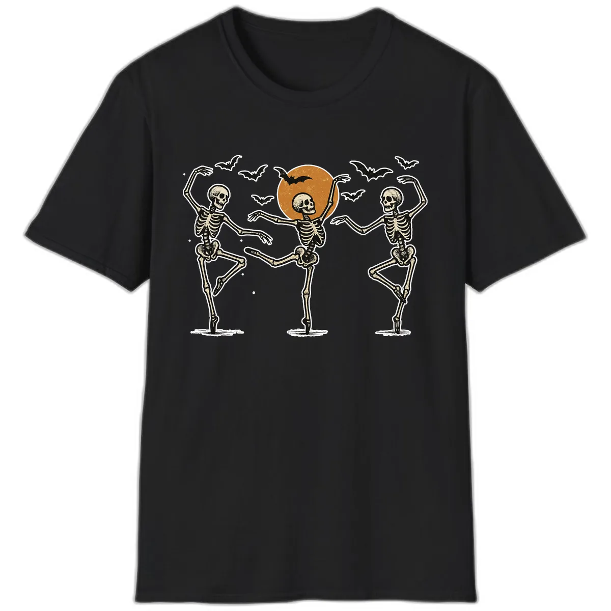 Dancing Skeletons Under Halloween Moon T-Shirt in Black