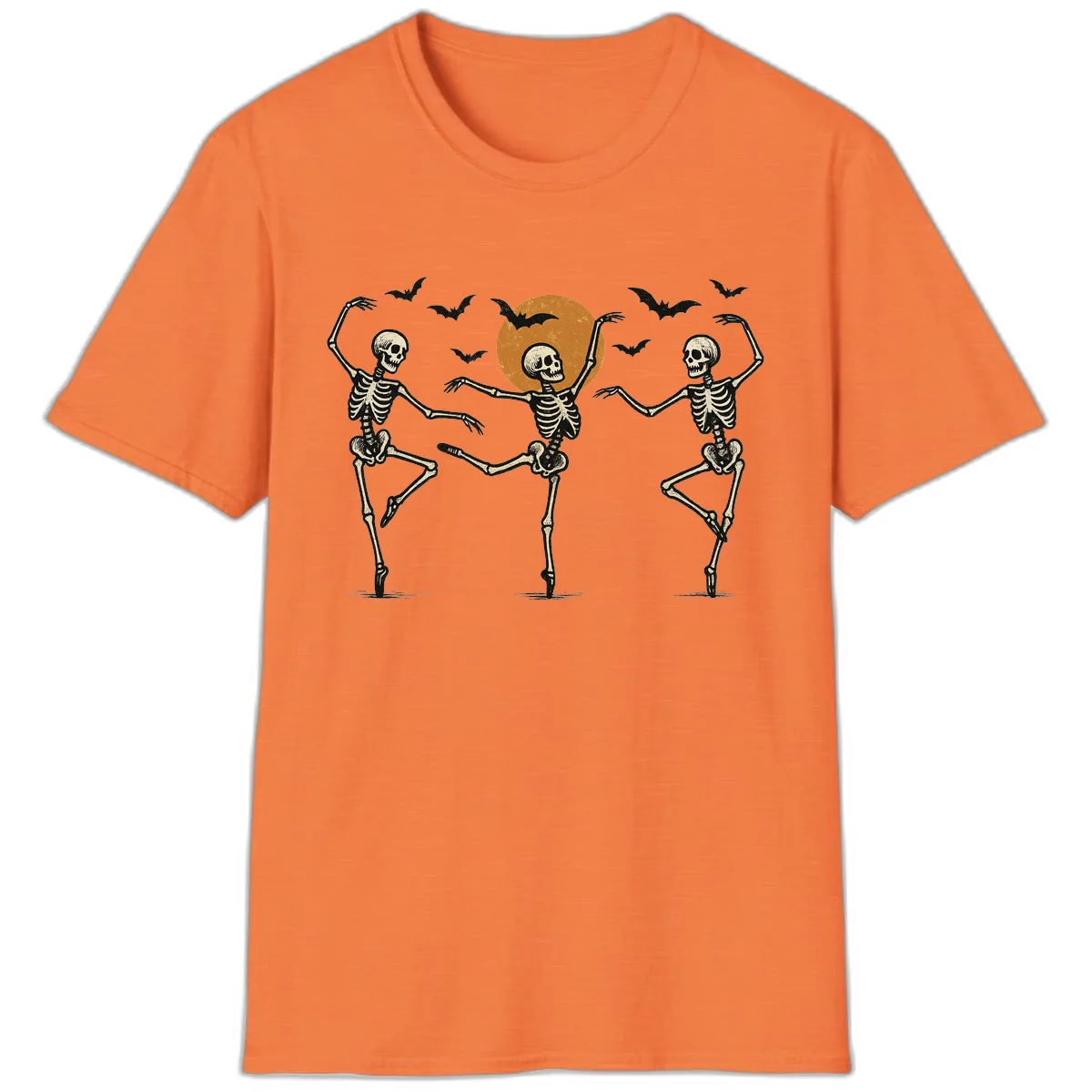 Dancing Skeletons Under Halloween Moon T-Shirt in Heather Orange