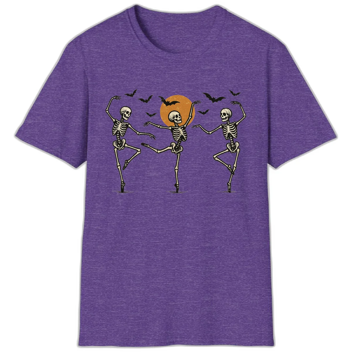 Dancing Skeletons Under Halloween Moon T-Shirt in Heather Purple