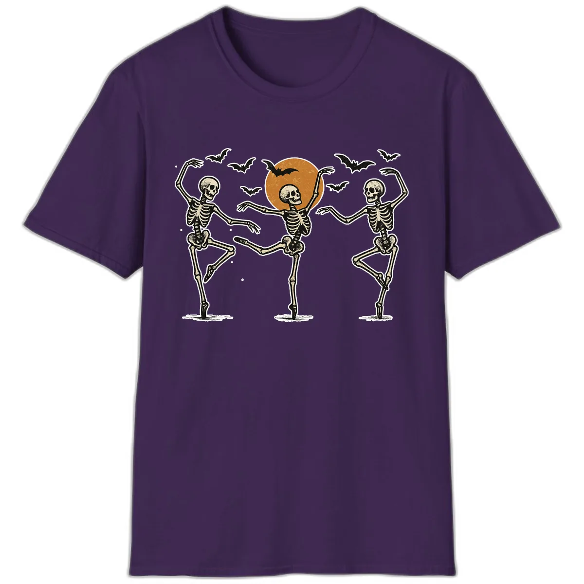 Dancing Skeletons Under Halloween Moon T-Shirt in Purple