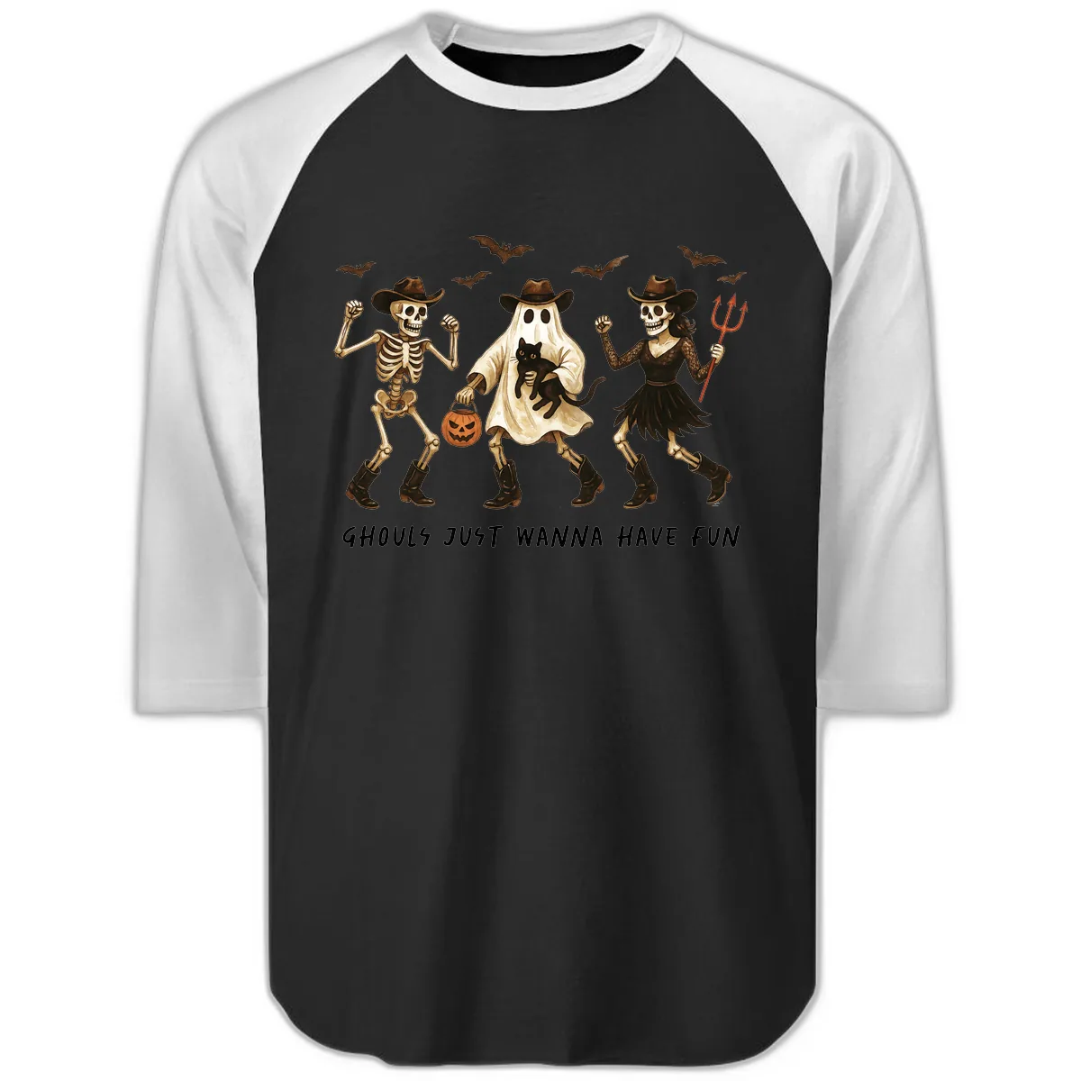 Ghouls Just Wanna Have Fun Halloween Raglan 3/4 in Black White