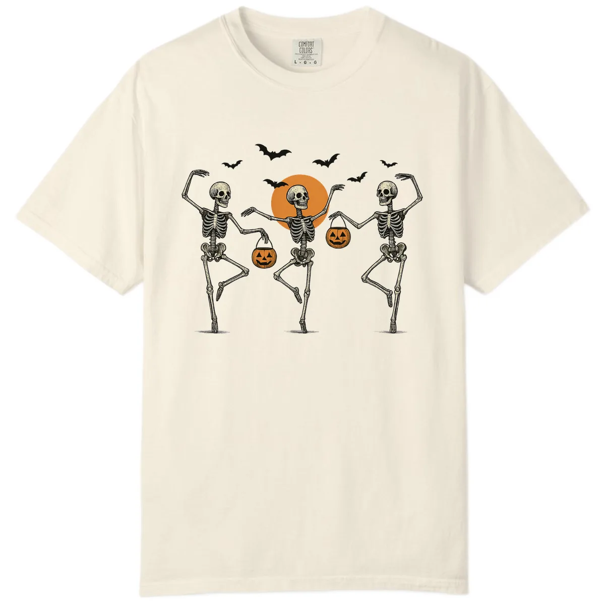 Dancing Skeletons With Pumpkin Buckets Comfort Color in Ivory