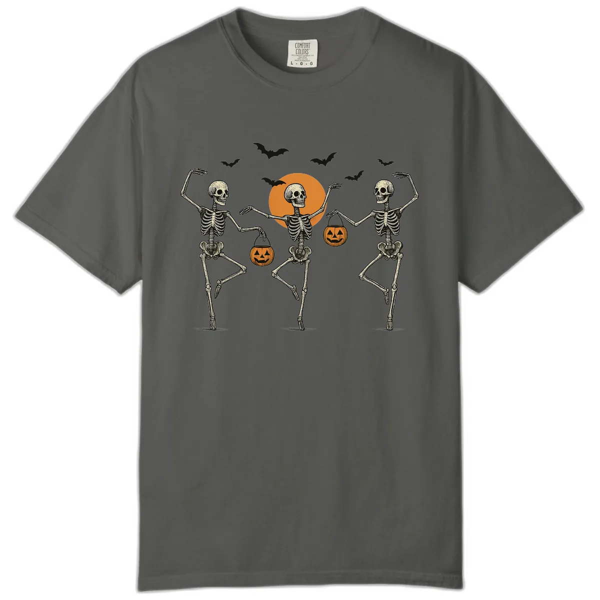 Dancing Skeletons With Pumpkin Buckets Comfort Color in Pepper